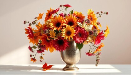 Elegant antique vase with vibrant autumnal flowers, soft light,  petals,  shadow