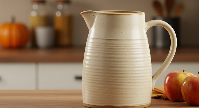 Ceramic pitcher on a wooden kitchen counter with autumn decor. - Powered by Adobe