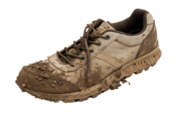 Realistic shoe covered in mud, isolated on a white background. Perfect for concepts related to outdoor adventures, dirty work, hiking, cleaning products, or rainy weather. Ideal for advertising, educa