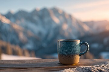 Ceramic beverage container rests upon wooden surface with snowy mountain vista backdrop at sunrise