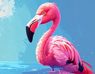 Fototapeta premium Vibrant pink flamingo, stylized, posed against a blue, painterly background