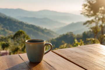 Ceramic mug filled with dark beverage rests upon a wooden surface overlooking layered mountain ranges.