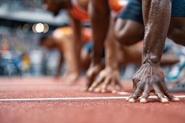 Athletes crouch low in starting position awaiting the signal to begin a sprint race on a track