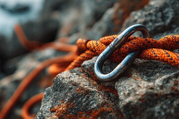 Metal climbing carabiner secures orange rope against rough rock surface