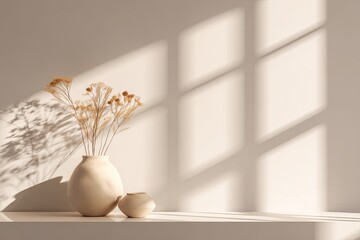 Ceramic vases holding dried flora rest on a light surface beneath geometric sunlit shadows.