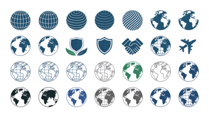 Collection of globe icons, shield emblems, handshake, and airplane vector graphics earth PNG Design on Transparent Background