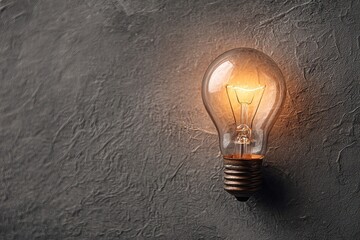 Illuminated incandescent bulb rests against a textured dark background surface