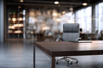 Modern executive office space featuring a dark wooden desk and leather chair awaits occupation