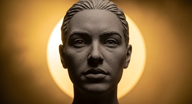 A cinematic ultra-realistic close-up of a neoclassical stone bust of a woman, dramatically lit against a glowing circular backdrop, evoking mystery and timeless artistry