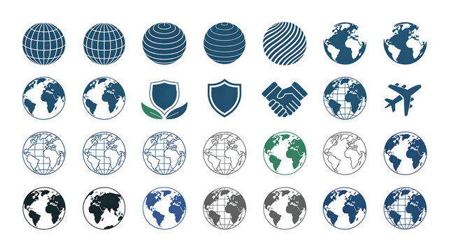 Collection of globe icons, shield emblems, handshake, and airplane vector graphics earth PNG Design on Transparent Background