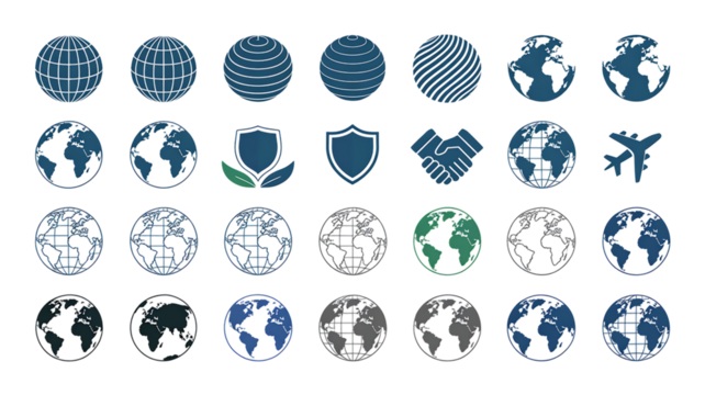 Collection of globe icons, shield emblems, handshake, and airplane vector graphics earth PNG Design on Transparent Background
