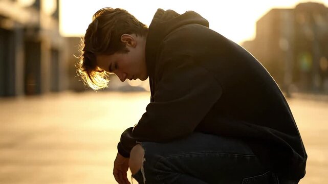Teenager wearing hoodie crouches down with head bowed in a street at golden hour light