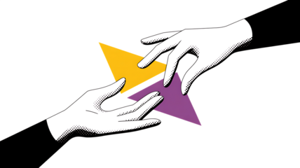 Hands reaching for interlocking geometric shapes on black graphic design PNG Design on Transparent Background