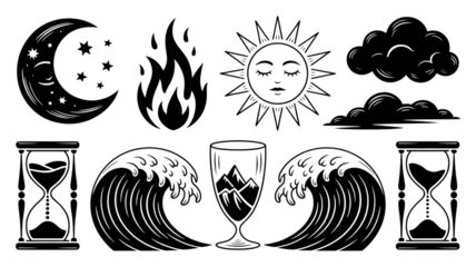 Mystical Symbols and Elements in White Outline on Black Background graphic design PNG Design on Transparent Background
