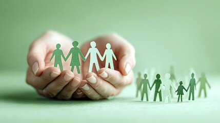 Hands holding paper cutout family figures against green background, symbolizing care, protection, and community support for social services and family welfare programs.