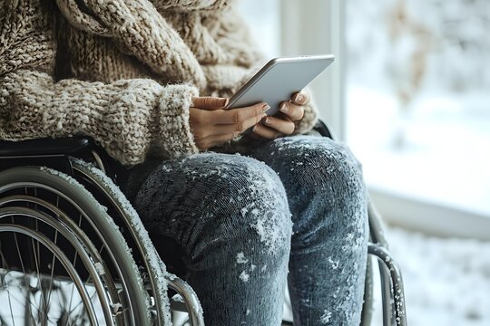 Person in wheelchair wearing cozy beige sweater using digital tablet, view of hands and lap. Snowy winter scene through window creates peaceful atmosphere.