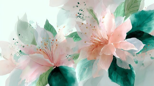 Delicate pink lilies with emerald green leaves in watercolor style, creating a soft romantic atmosphere for wedding invitations and greeting cards. - Powered by Adobe