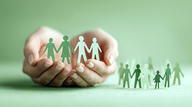 Hands holding paper cutout family figures against green background, symbolizing care, protection, and community support for social services and family welfare programs.