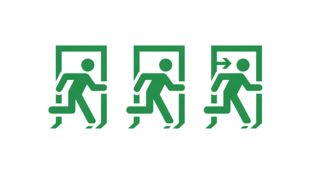 Green Running Man Exit Signs in a Row on Black Background image graphic PNG Design on Transparent Background