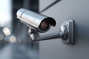 Metallic outdoor surveillance camera housing is mounted securely to a light gray wall surface