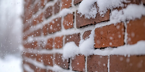 A close-up shot captures the stark contrast of red bricks partially covered in fresh white snow, with snowflakes falling, creating a serene winter scene. 179 Chars