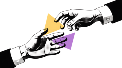 Two hands exchanging geometric shapes in a stylized illustration exchange giving PNG Design on Transparent Background