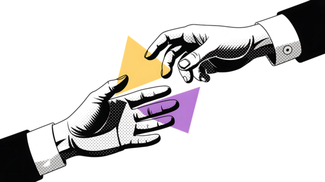 Two hands exchanging geometric shapes in a stylized illustration exchange giving PNG Design on Transparent Background