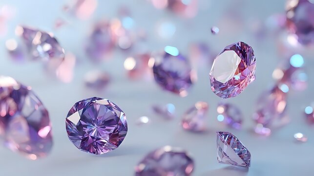 Sparkling purple and pink diamonds scattered on light blue surface with soft bokeh background, creating luxurious gemstone display.