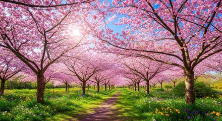 Vibrant Spring Garden with Cherry Blossoms and Clear Blue Sky in Ultra Sharp Focus