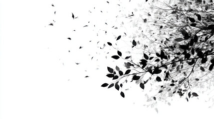 Naklejka premium Black and white artwork of tree branches and falling leaves on a white backdrop.