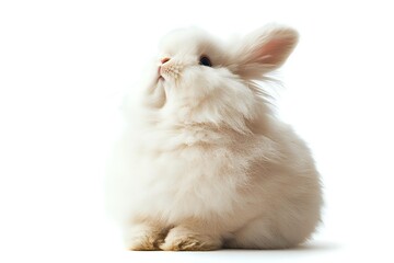 Obraz premium Fluffy white angora rabbit with long fur sitting on white background, rear view showing soft texture and distinctive bunny silhouette, isolated for design use.