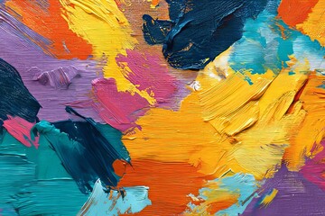 Thick, textured impasto paint strokes reveal a vibrant array of colors across a canvas surface.