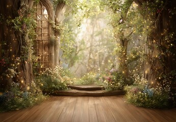 Enchanted garden archway with wooden floor, overgrown with lush greenery and wildflowers, creating magical atmosphere for fantasy photography backdrop.