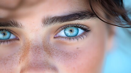 Fototapeta premium Close-up of young Caucasian woman with striking blue eyes, natural freckles, and minimal makeup showing authentic beauty against soft blue background.