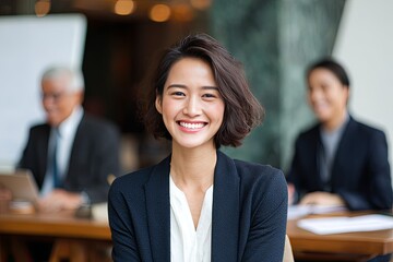 Young professional woman shares a bright smile during a business gathering