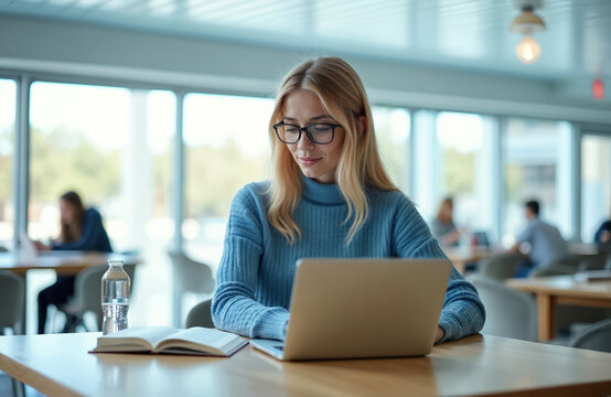 Blonde student wearing glasses types on laptop at university cafe. Open book and water bottle on desk. Other students are blurred in background.
