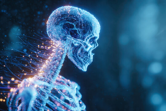 Digital visualization of a human skeleton with glowing neural connections and network pathways in a futuristic blue light environment with depth of field effect