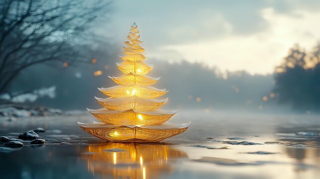 Glowing golden Christmas tree made of stacked paper or metal layers illuminated from within, reflecting on water surface in misty winter landscape at dusk.