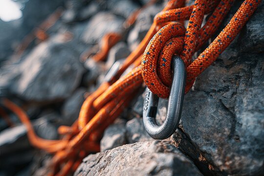 Bright orange climbing rope knotted securely through a metal carabiner clipped to rough rock.