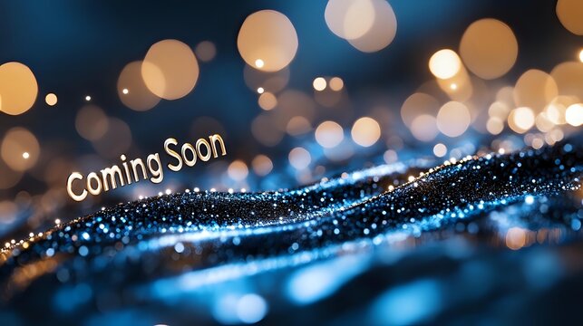 Glowing "Coming Soon" text on dark background with bokeh lights and sparkling blue particles, creating anticipation for upcoming event or product launch.