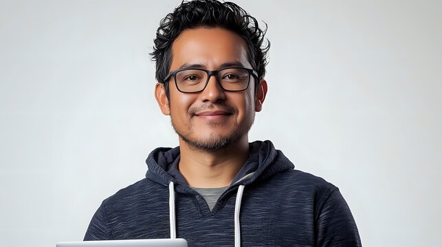 Hispanic male professional wearing glasses and casual hoodie smiling at camera against light background, expressing confidence and approachability for business or lifestyle content.