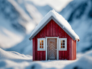 Small red wooden cabin with snow-covered roof nestled in a snowy landscape with warm light glowing through windows and blurred mountain background in winter