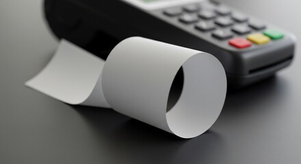 Close up of a credit card machine with a receipt paper roll.