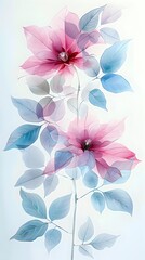 Fototapeta premium Delicate pink flowers with blue leaves in watercolor style on white background, soft transparent petals create dreamy botanical art suitable for wall decor.