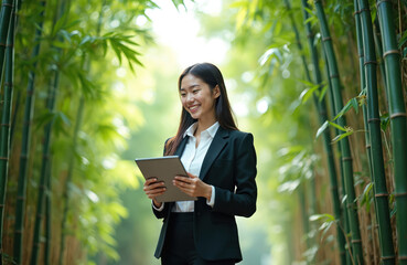 Smiling Asian business woman holds tablet. Walks in green bamboo forest. Connects eco-friendly tech, promoting sustainable work, innovative development. Image suggests nature blend with modern