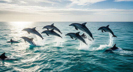 Fototapeta premium Joyful pod of dolphins leaps dynamically from sparkling ocean waves under bright sky