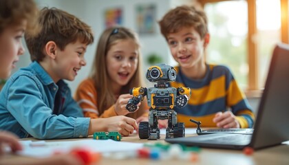 Kids program robot in classroom. Children work with laptop and constructor. STEM courses teach engineering robotics. Students enjoy creative hobby, study programming and construct modern ai toy.