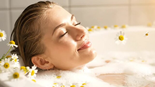 Relaxed woman soaking in a bubble bath with chamomile flowers for wellness and self care