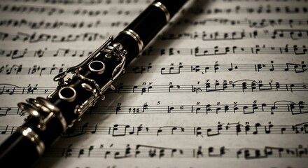 Close-up of a Clarinet resting on sheet music.
