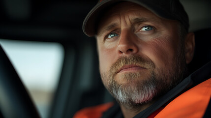 Focused gaze, weathered face. Driver with ball cap driving, eyes looking toward the horizon, contemplating. Soft focus on face, with natural light.